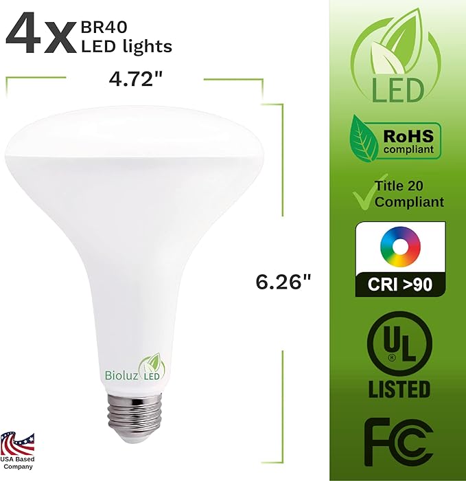 Bioluz 4 Pack LED Light Bulb BR40 Light Bulbs 3000K Soft White 90 CRI Dimmable UL-Listed CEC Title 20 Compliant 1250 Lumen Led Bulbs Indoor/Outdoor Flood Lights | Lightbulb for Outdoor Lighting