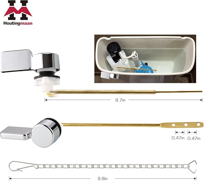 Houtingmaan Toilet Handle Replacement Kit,Toilet Handle Lever for Most Front Mount Toilets, Universal Brass Toliet Flush Handle Lever with Stainless Steel Flapper Chain,Chrome