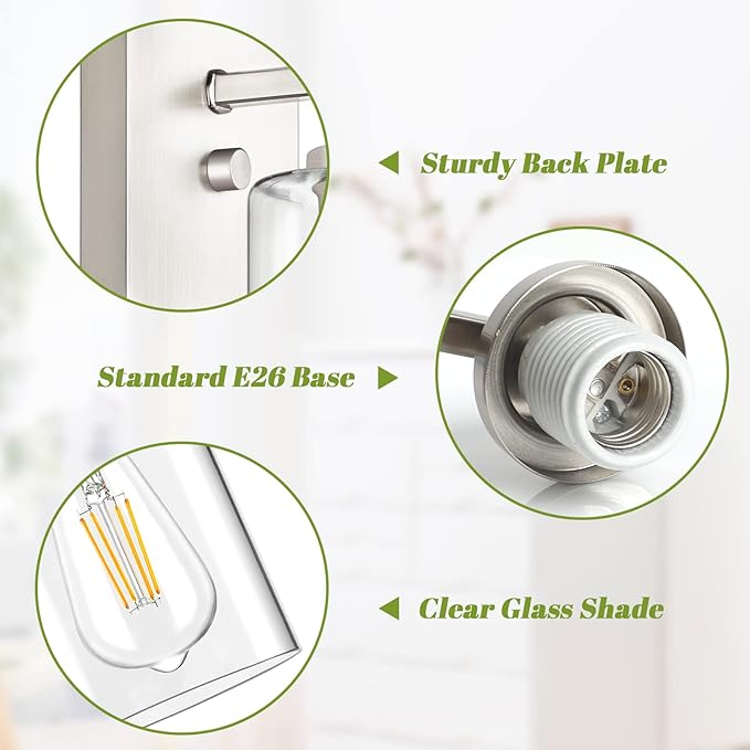 Set of 2 Wall Sconces for Bathroom, Brushed Nickel Vanity Light Fixtures, Modern Wall Mount Lighting Lanterns, Farmhouse Wall Lamps with Clear Glass Shade for Bedroom Living Room Mirror Hallway Porch