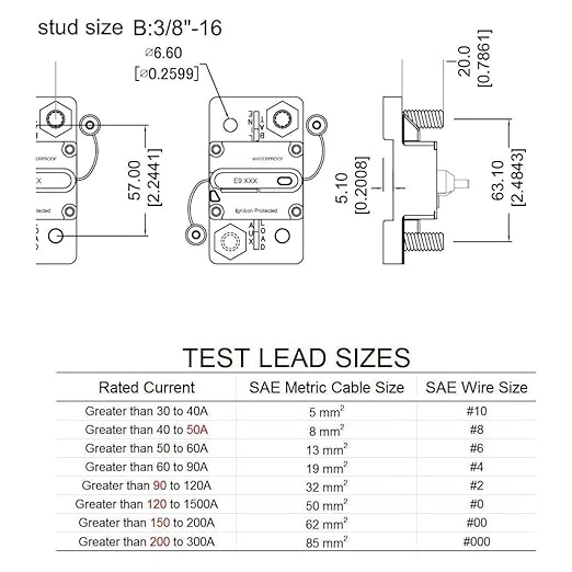 E9 3/8" Studs 300 Amp Circuit Breaker with Manual Reset | UL Certified | 12V - 48V DC | Waterproof IP67 Switchable 300A