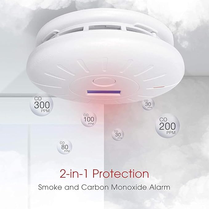 2 Pack 10 Year Battery Operated Smoke and Carbon Monoxide Detector, Portable Fire Co Alarm for Home and Kitchen (White)