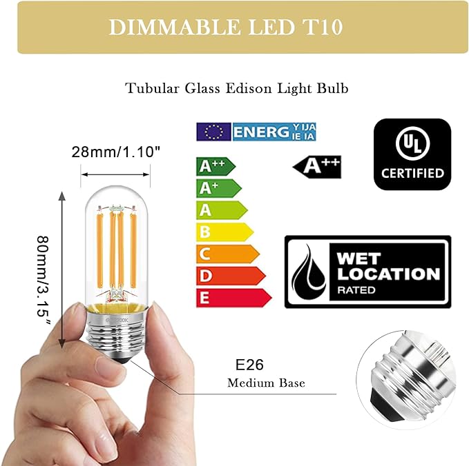 3.2 Inch E26 LED Bulb 60 Watt Equivalent, 2700K Soft White Edison Bulbs Dimmable, AC 120V 600LM T10/T9 Clear Glass Filament Light Bulbs UL for Pendant Wall Light Desk lamp-4 Pack