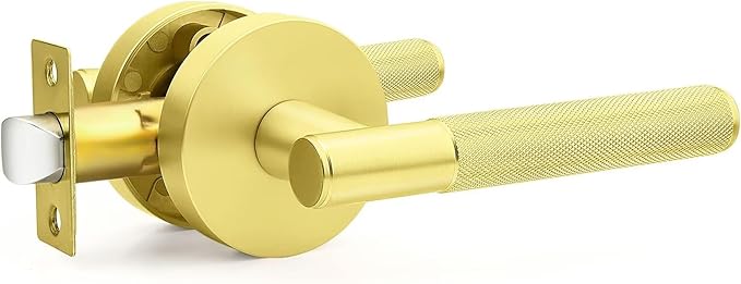 1 Pack Gold Passage Door Handle, Brass Interior Door Knob for Closet and Hallway, Knurled Reversible Non-Locking Door Lever