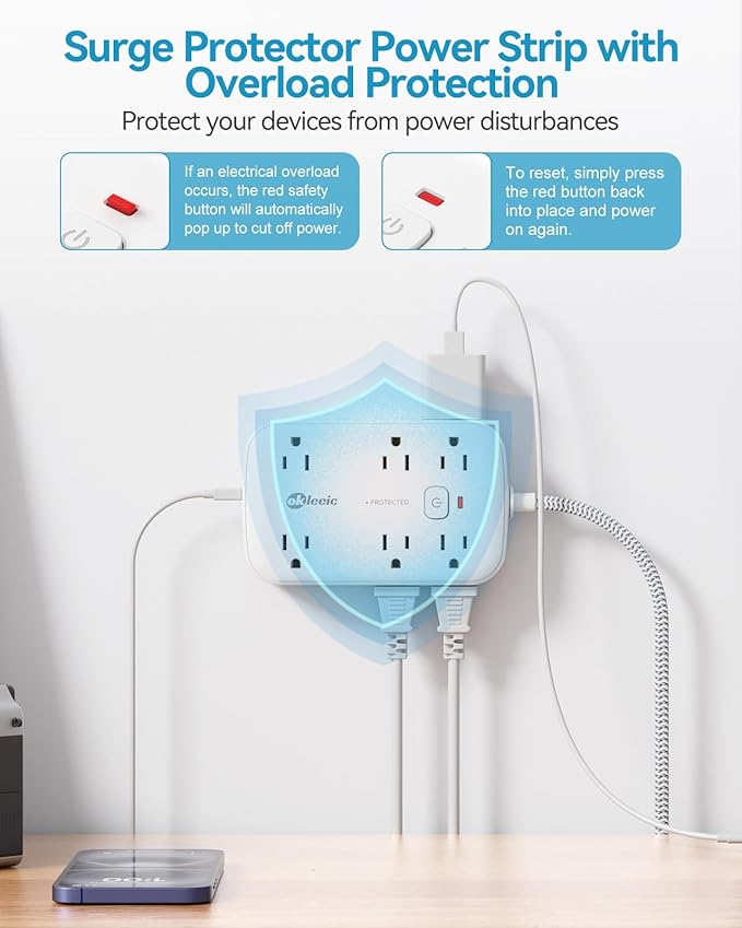2100J Surge Protector Power Strip - 15 Ft Extension Cord with 6 USB Charging Station and 12 Outlets, Flat Plug Long Thin Extension Cord with Multiple Outlets Wall Mount for Home Office Dorm