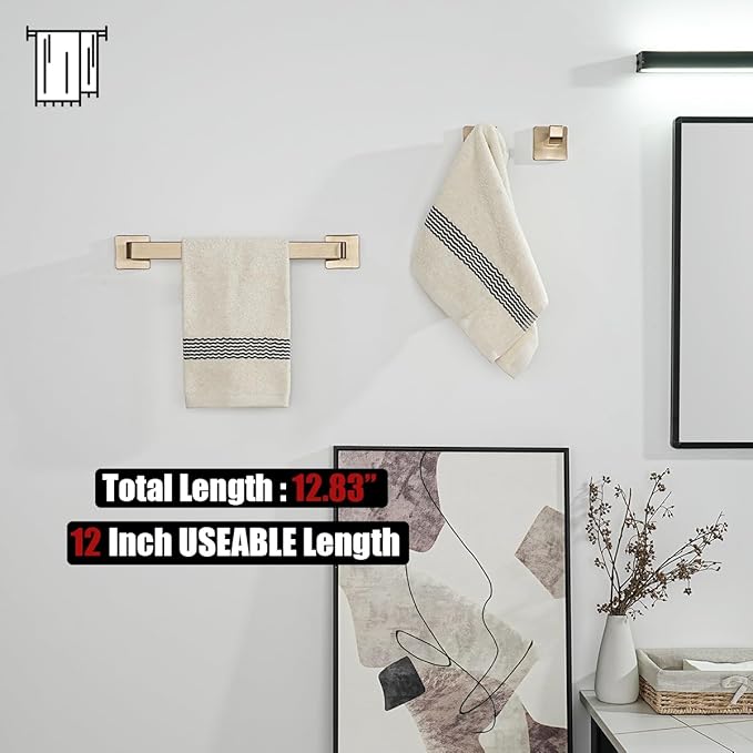 JQK Champagne Bronze Towel Bar, 12 Inch 304 Stainless Steel Thicken 0.8mm Towel Rack Bathroom, Towel Holder Wall Mount, Total Length 14.41 Inch, TB250L12-CB