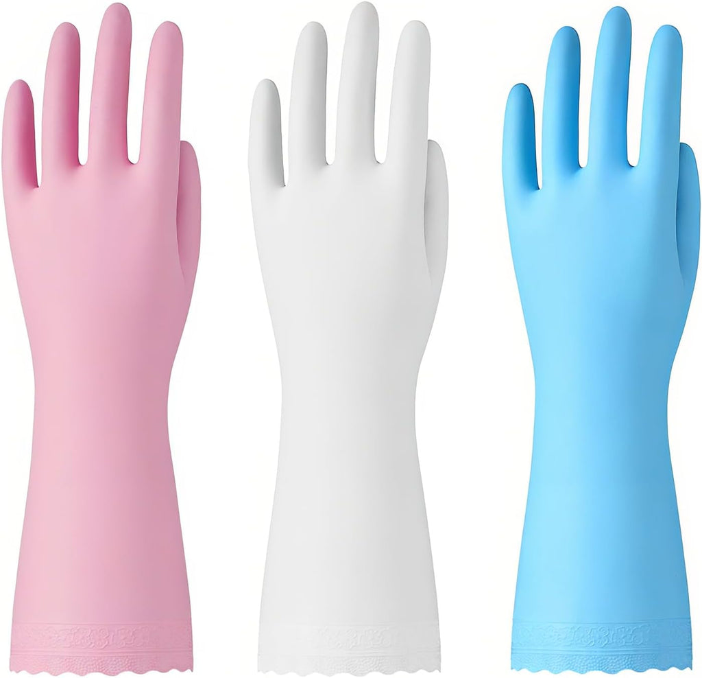 Bamllum Rubber Cleaning Gloves - 3 Pairs Latex Free Kitchen Cleaning Gloves with Cotton Liner- Household Dishwashing Gloves, Non- Slip Waterproof (Small, Blue+Pink+White)