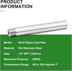 TAISHER 2PCS 304 Stainless Steel Pipe Fittings, 1/4" NPT Male Threaded, 6" Length Weld Nipple Cast Pipe