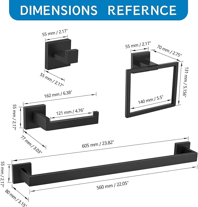 5 Pieces Bathroom Hardware Accessories Set Black Towel Bar Set Towel Holder Racks Set for Bathroom,SUS304 Stainless Steel,Wall Mounted 23.6-Inch