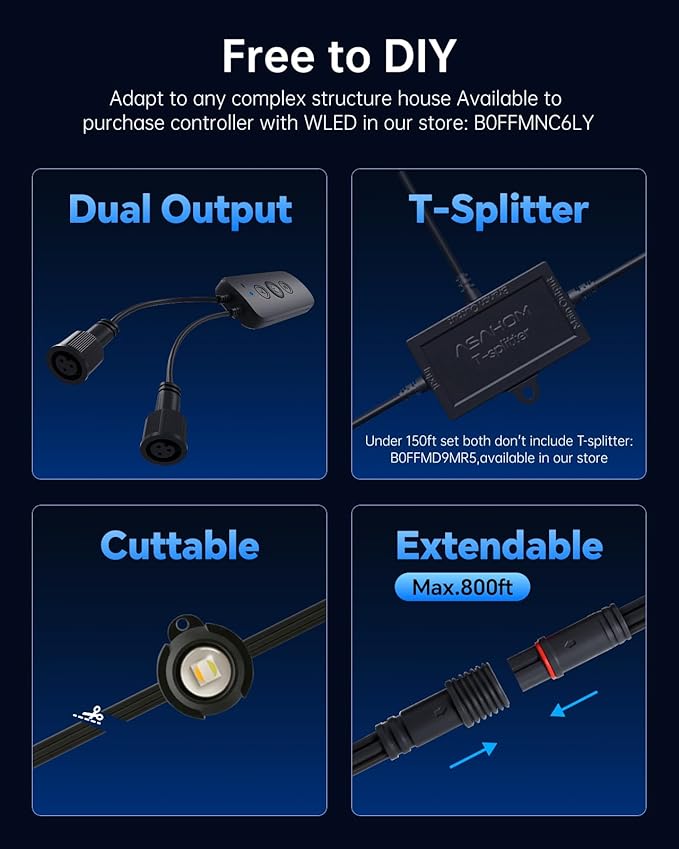 ASAHOM AI Permanent Outdoor Lights S107C, 150FT with 108 RGBCW LED Lights and Dual Output, 30,000 Lighting Effect Combination, IP67 Waterproof for House Halloween Christmas and Daily Decoration, Black