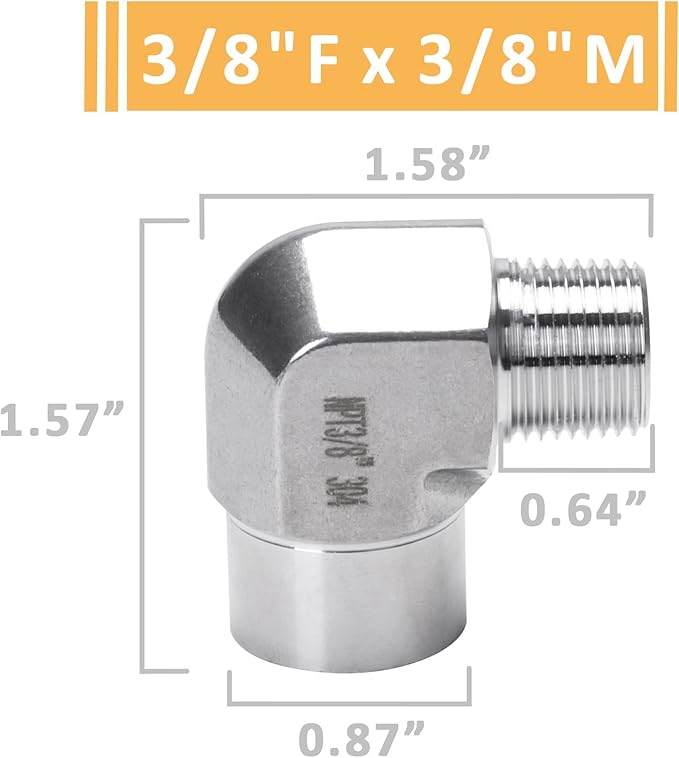 90 Degree Street Elbow - 3/8" NPT Male to 3/8" NPT Female Stainless Steel 304 Heavy Duty Forged Barstock Street Elbow Adapter Pipe Fitting (pack of 5)