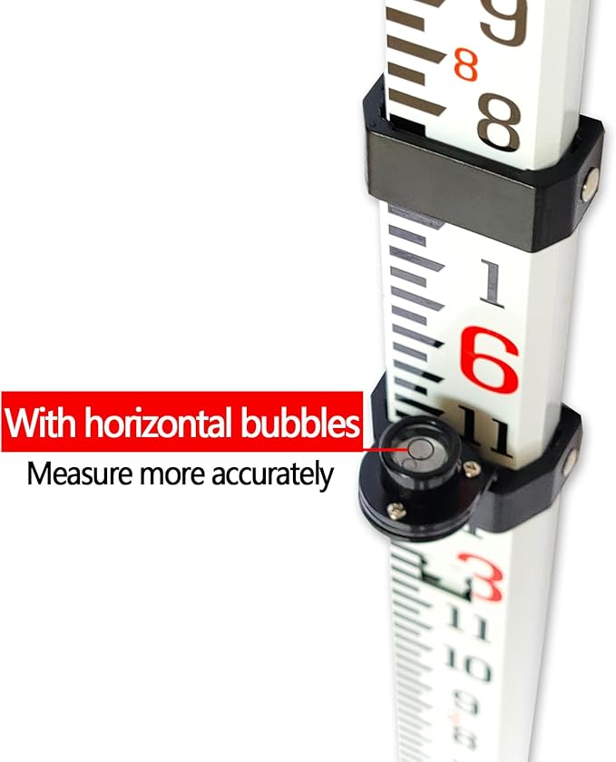 Grade Rod，16-Foot Aluminum Grade Rod - 10ths，Grade Stick,Grade Stick for Laser Level，Survey Rod，Grade Rods，Survey Pole，With Bubble Level, 5-Stage Telescopic，Double-Sided Scale Telescopic Leveling Rod