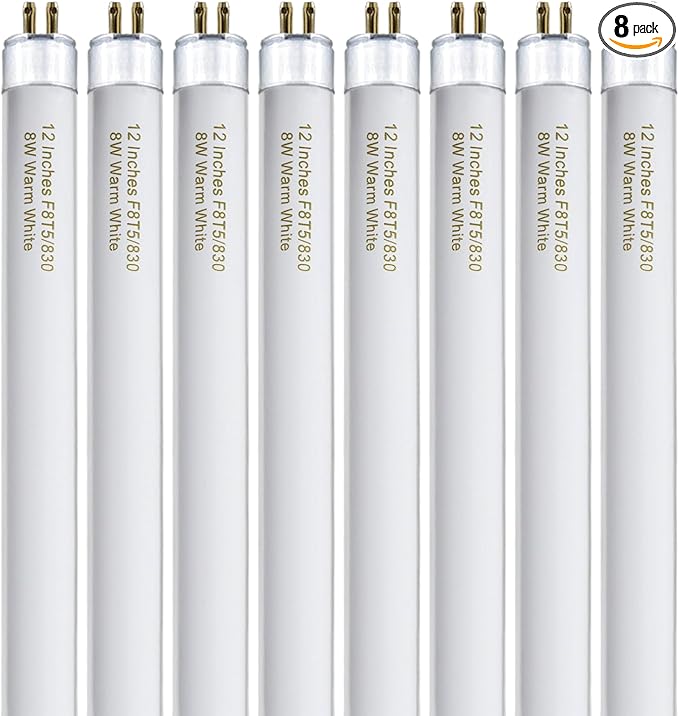 8 Pack F8T5/WW Fluorescent Bulbs Warm White, 12 inch Under Cabinet Light Bulb, T5 8 Watt Fluorescent Tube Soft White, G5 Mini Bi 460 Lumens No Dimmable