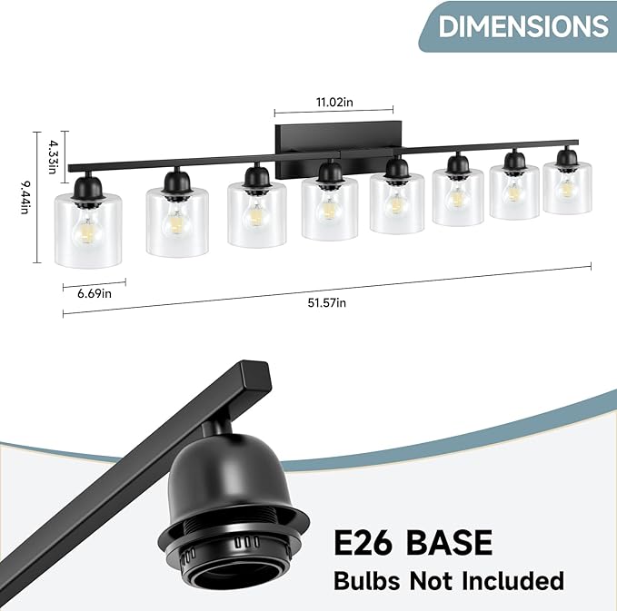 Modern 8 Light 52 inch Vanity Lights for Bathroom with Clear Glass, Black Bathroom Light Fixture for Mirror Kitchen Living Room Hallway Cabinet Porch