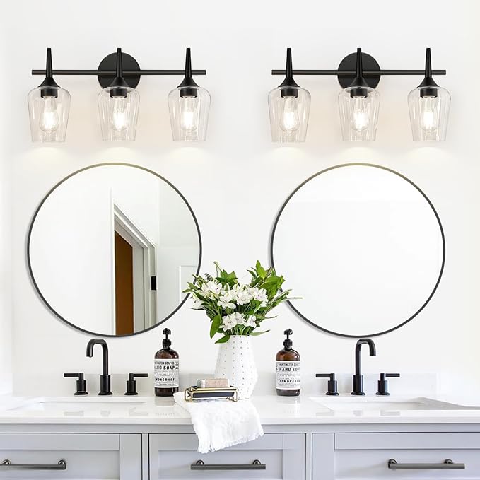 2025 Upgrade 3-Light Bathroom Light Fixtures, Black Vanity Lights for Bathroom with Clear Glass, 19.5 Inch Bathroom Lighting Fixtures Over Mirror, Modern Wall lamp for Cabinet Hallway