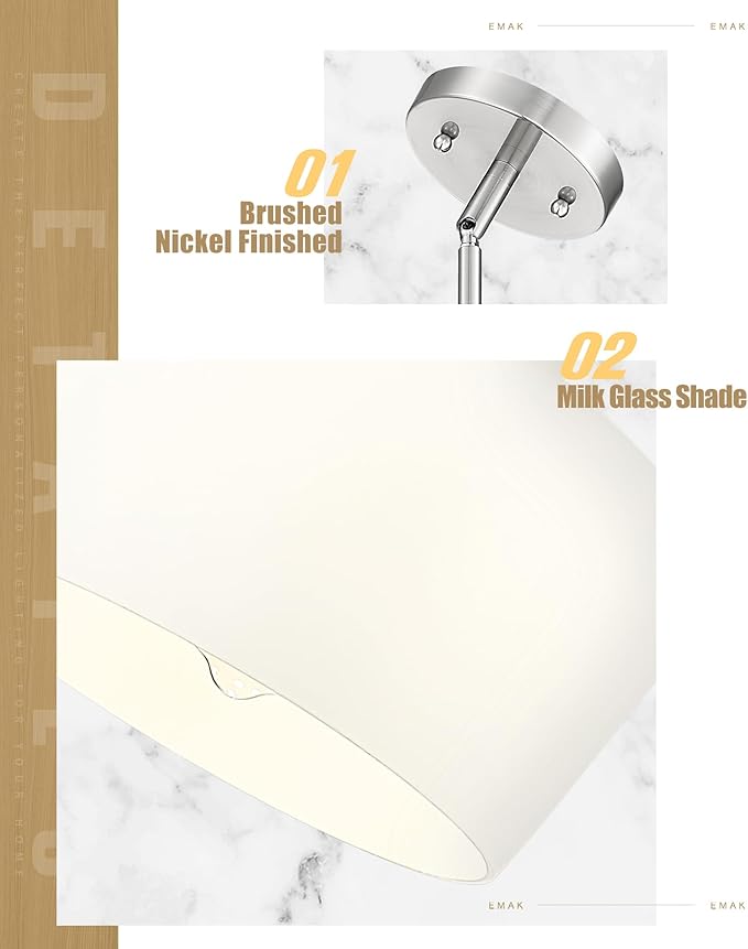 Emak 2 Pack Brushed Nickel Pendant Light Fixtures, 8 Inch Milk Glass Pendant Lights Kitchen Island, Modern Island Lights for Kitchen, Dining Room, Bathroom, PL122-BN-ML-2PK
