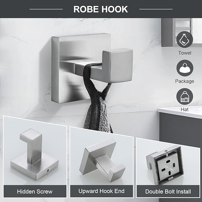 TQKAG 6-Piece Bathroom Towel Bar Sets Brushed Nickel 23.6 inch Towel Bar Stainless Steel Towel Ring Coat Hook and Toilet Paper Holder Bathroom Hardware Set Wall Mounted Bathroom Accessories Kit