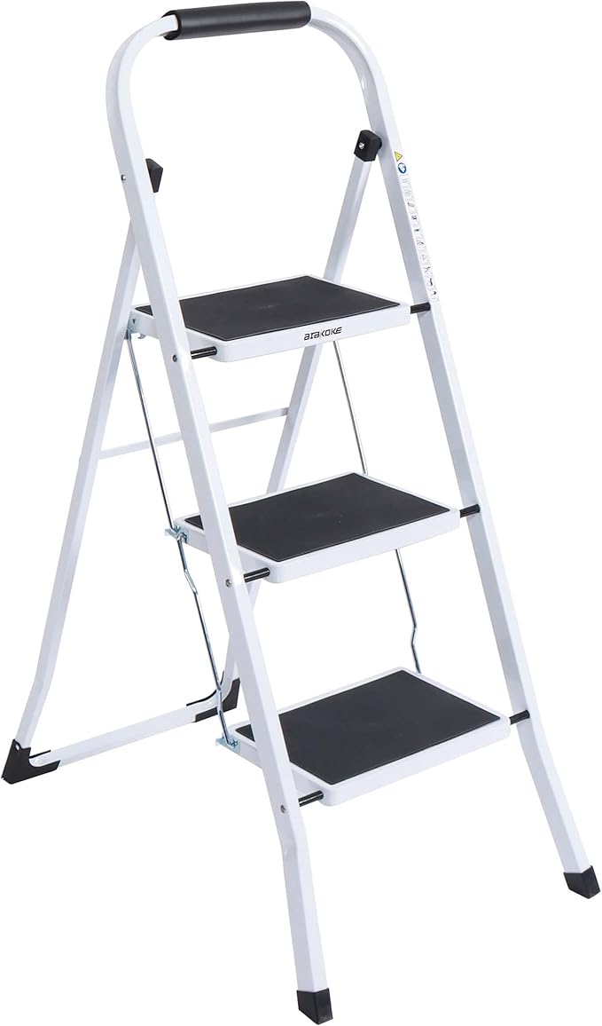 3-Step Ladders Folding Step Stool with Anti Slip Pedal and Handgrip Portable Sturdy Ladder for Home & Office 330 Lbs White