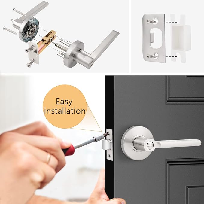 Probrico Satin Nickel Privacy Door Lever, Flat Interior Bath/Bed Door Handle, Reversible for Right & Left Handed Bedroom/Bathroom Doors, 1 Pack