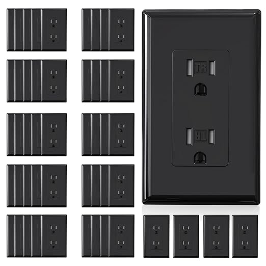 ELEGRP Decorator Wall Receptacle Outlet, Tamper Resistant 15A 125V Standard Electrical Wall Outlet, Residential Grade, Self-grounding, with Screwless Wall Plate, UL (50 Pack, Glossy Black)