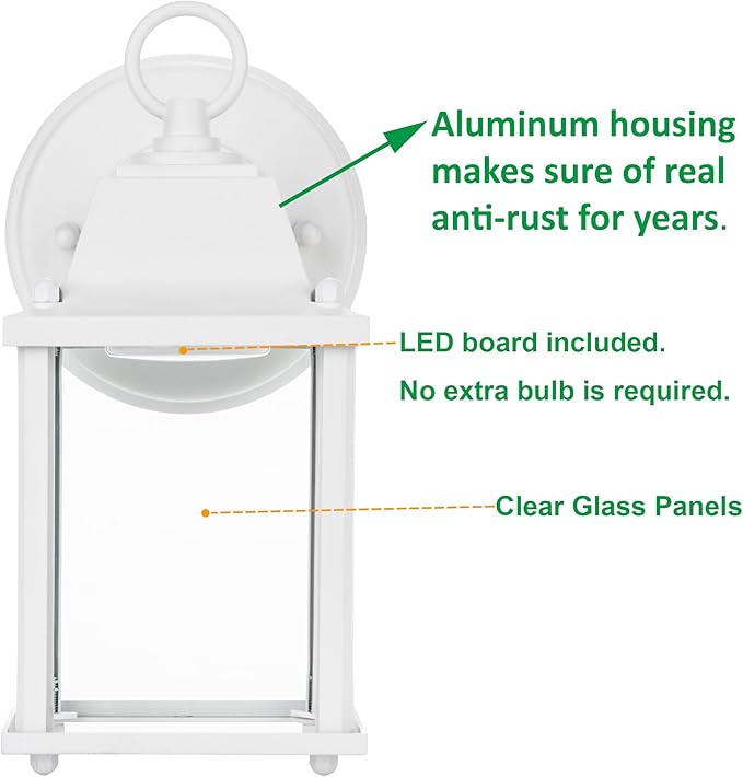 LIT-PaTH Outdoor LED Wall Lantern, Exterior Wall Sconce Porch Light Fixtures, 3000K 9.5W 800 Lumen, Aluminum Housing Plus Glass, Matte White Finish, 1-Pack