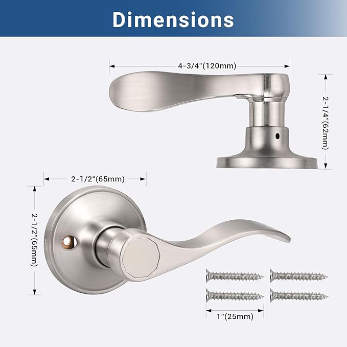 Knobonly 2 Pack Single Side Closet Door Handles, Non-Turning Right and Left Satin Nickel Dummy Door Handle, Door Handle no Lock, Zinc Alloy