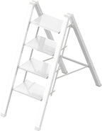 4 Step Ladder, Portable Folding, Lightweight Step Ladder with Anti-Slip Pedal, Aluminum Indoor Ladder and Closet, Kitchen, 330lbs - White