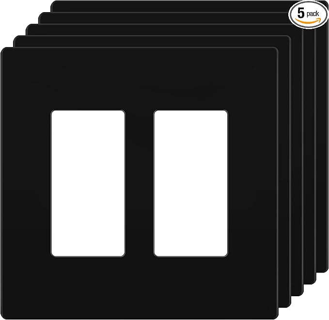 LIDER Matte Finish Double Decorator Switch Cover, Screwless Wall Plate, Mid-Size 2-Gang 4.88" x 4.92", Unbreakable Polycarbonate Thermoplastic, UL Listed, LSWP-32M-BK5P, Black, 5 Pack