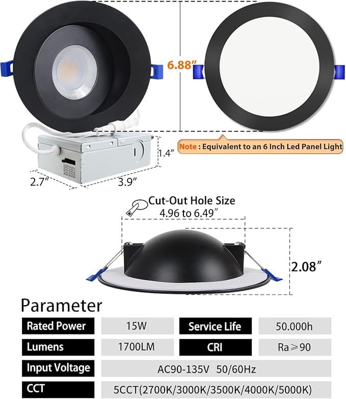 Adetu Recessed Lighting 6 inch, 360°+90° Adjustable Directional 6 inch 5CCT Gimbal Black Led Recessed Light, 2700K-5000K Dimmable Retrofit Eyeball Can Recessed Lights with Jbox, ET (Black,1 Pack)