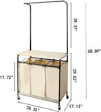 MYOYAY 3 Section Laundry Sorter with Garment Hanging Bar Rack Foldable Ironing Board, Laundry Basket Organizer Heavy Duty Laundry Hamper Rolling Cart with Lockable Wheels and 3 Removable Bags