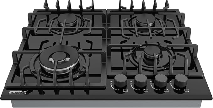 Empava 24" Gas Stove Cooktop 4 Italy Sabaf Sealed Burners NG/LPG Convertible Tempered Glass in Black, 24 Inch