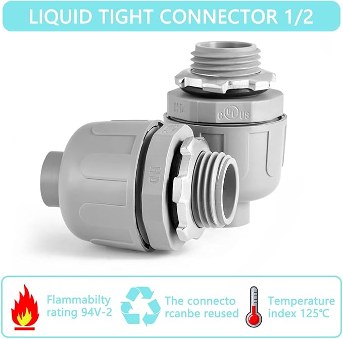 16-Pack NPT 1/2 Inch Liquid Tight Connector Non-Metallic PVC Electrical Flexible Conduit Fittings, UL Listed - 180 Degree Straight, Grey