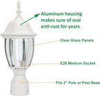 LIT-PaTH Outdoor Post Lighting Fixture Pole Lantern, E26 Medium Base Max 60W, Aluminum Housing Plus Glass, Matte White Finish, 1-Pack
