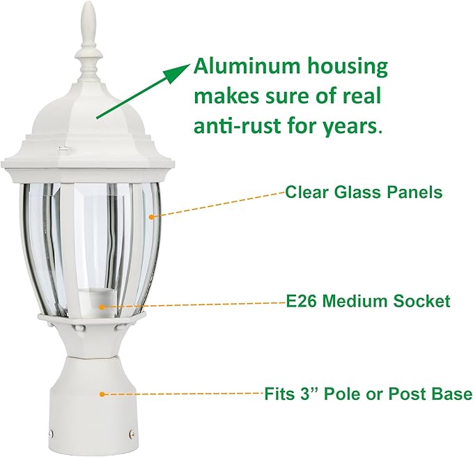 LIT-PaTH Outdoor Post Lighting Fixture Pole Lantern, E26 Medium Base Max 60W, Aluminum Housing Plus Glass, Matte White Finish, 2-Pack