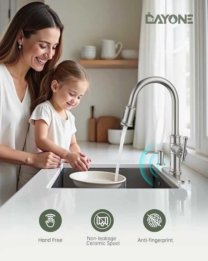 Touchless Kitchen Sink Faucet with Soap Dispenser Brushed Nickel, DAYONE Smart Motion Sensor Hands Free Faucet Kitchen with 3-Function Sprayer for Single/ 3-Hole Sink, DAY136TL-BN