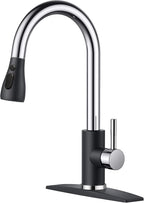 FORIOUS Kitchen Faucets with Pull Down Sprayer, High Arc Single Handle Classic Stainless Steel Sink Faucet 1 or 3 Hole, Suitable for Farmhouse Camper Laundry Rv Bar, Black Chrome