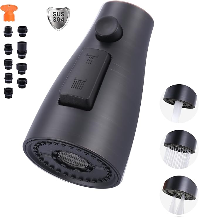 Metal Kitchen Faucet Head Replacement: 3-Function Pull Down Spray Nozzle with 9 Adapters, Sink Sprayer Replacement Compatible with Moen, Delta, Kohler, American Standard Faucets, Oil Rubbed Bronze