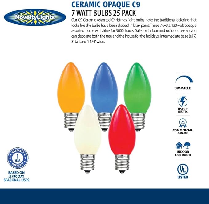 Novelty Lights 500 Case C9 Ceramic Outdoor Christmas Replacement Bulbs, Multi, E17/C9 Intermediate Base, 7 Watt