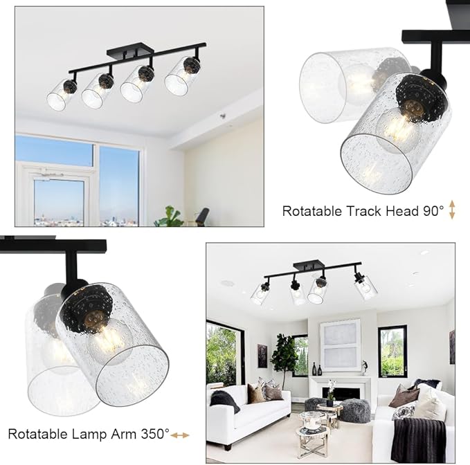 4-Light Track Lighting Kit Bathroom Wall Light Fixtures, Black Directional Ceiling Light for Kitchen Dining Room Bedroom Office, Seeded Glass Shades
