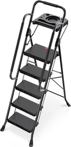 KINGRACK Step Ladder, Portable Folding Step Stool with Anti-Slip Wide Pedals, Heavy Sturdy Steel with Handrail, Safe-Lock Design, 800lbs Load Capacity, for Home and Kitchen, Black (5 Step Ladder)