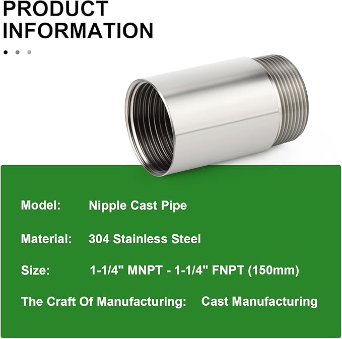 TAISHER 1PCS Stainless Steel Pipe Fittings, 1-1/4" NPT Male x 1-1/4" NPT Female Threaded, 6" Length Nipple Cast Pipe
