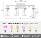 4 Light White Bathroom Light Fixtures Vanity Light Over Mirror Modern Wall Lighting Sconces Rustic Industrial Wall Lamp for Bathroom, Bedroom, Living Room E26 Socket with Glass Shade