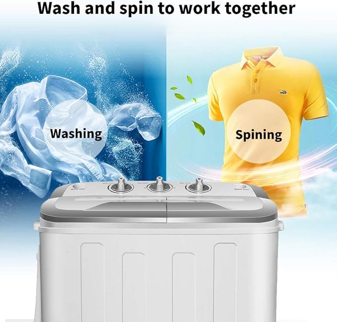 Clothes Washing Machines,SAFEPLUS Compact Mini Twin Tub Versatile Washer Machine with 8 lbs Washing &5 lbs Spin Dryer Load Capacity Gravity Drain Pump and Drain Hose for Apartment