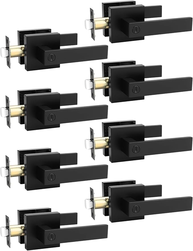 8 Pack Square Privacy Door Levers Locksets in Matte Black Finish, Bed/Bath Door Levers Keyless Interior Handles,Reversible for Left Right Handed Doors