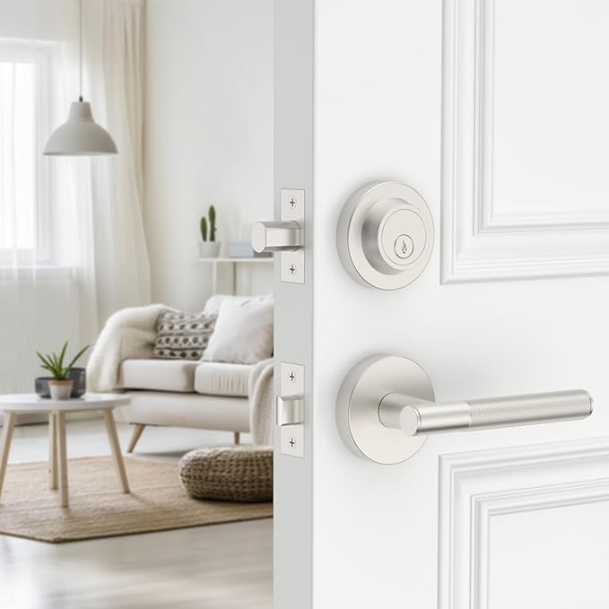 Amerdeco Front Door Lock Set with Double Cylinder Deadbolt, Exterior Entry Door Lever, Heavy Duty Entry Door Locksets for Left or Right Hand Exterior Door（Satin Nickel 2 Pack）