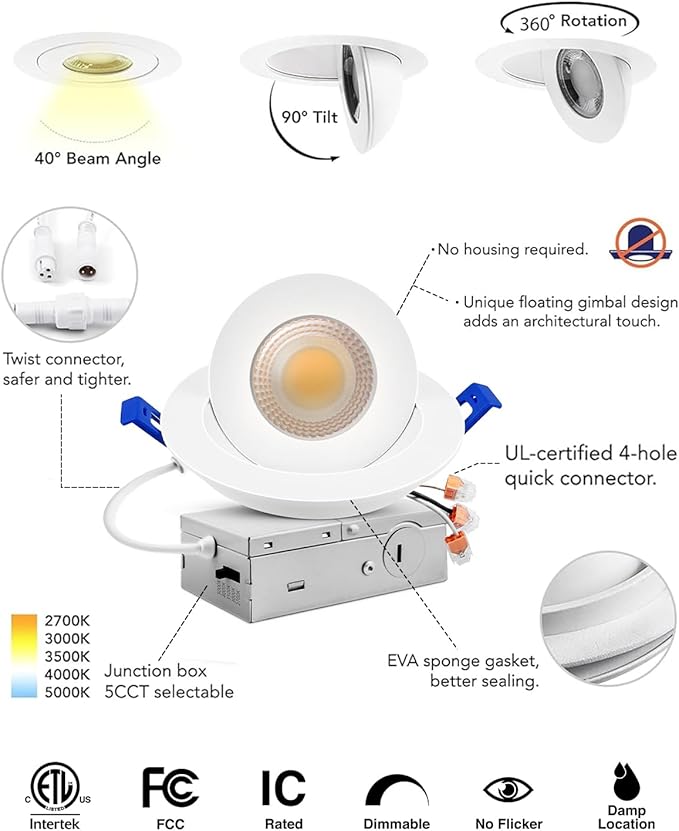 Adetu 4 inch Gimbal led recessed Lights, 360°+90° Adjustable Directional Recessed Lighting, 2700K/3000K/3500K/4000K/5000K Dimmable Retrofit Eyeball Can Lights with Jbox, ETL