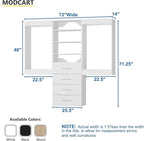 Modular Closet, 72" Wide Organizer with Hanging & Drawers, Wood Tower Storage for Walk-In Closets, Wall Mounted Wardrobe Organizer Kit, Bedroom, White