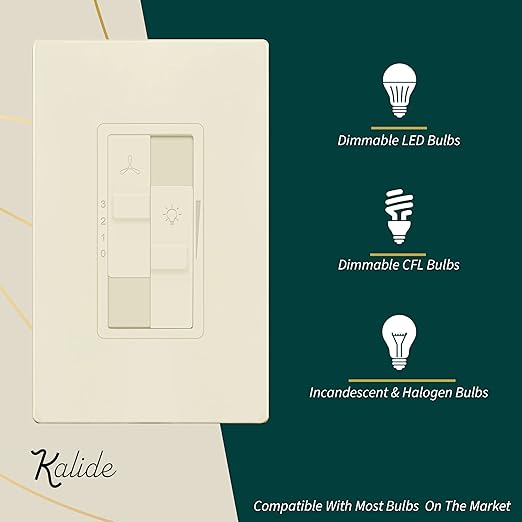 TOPGREENER Kalide Combo Dimmer Switch with 3-Speed Fan Control, Light and Fan Combination Switch, Single Pole, 2.5A, 200W LED/CFL, Neutral Wire Not Required, TGDSFS3-LA, Light Almond