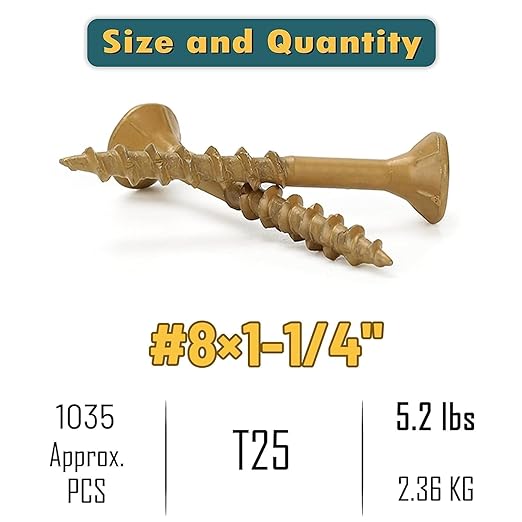 WELLOCKS Deck Screws, Wood Screws, Tan, Superior Rust Resistant, Epoxy Coated, Above 1000 Hour Salt Spray Coating T25 Torx Star Bit Included for Outdoor Wood Fence (5.2LBS Tan, #8×1-1/4")