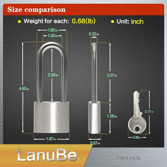 LanuBe 304 Stainless Steel Keyed Alike Padlocks for Outdoor use, Pin Tumbler Padlock, 2 inch Wide Body, Stainless Steel Body Long Shackle, Pack of 2