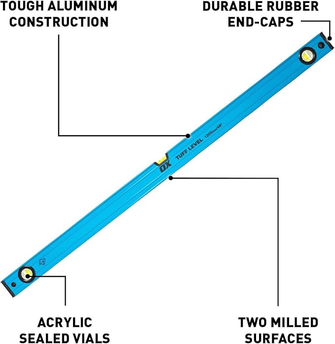 OX Tools OX-P503418 72-inch TUFF Level with Shock Resistant End Caps – Single Solid Piece Box Level Body to Keep Mud Out & Reinforced Vials 6 foot level Contractor Grade |Aluminum Box Level